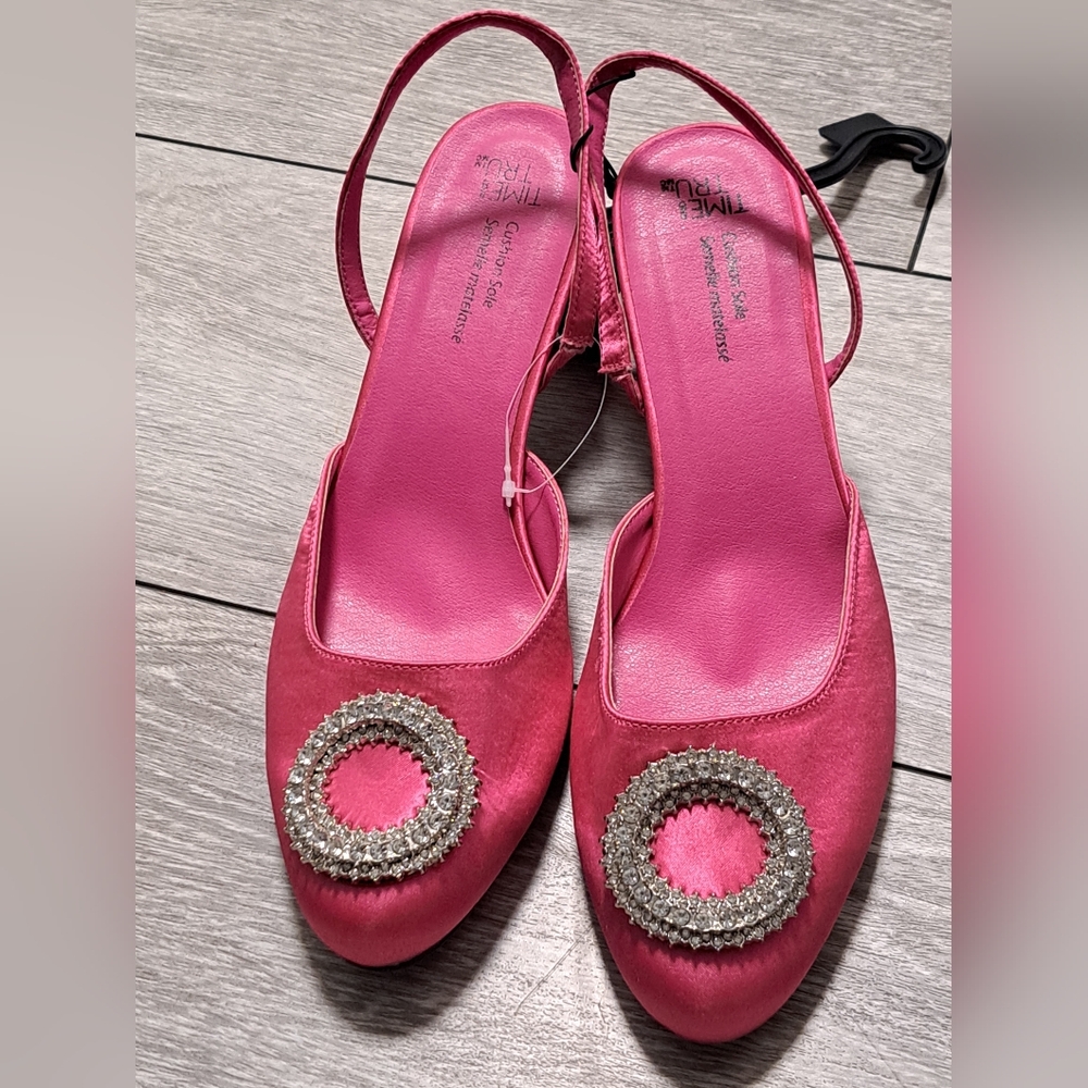 Brand New Time And Tru Pink Satin Slingback Heels with Crystal Embellishment